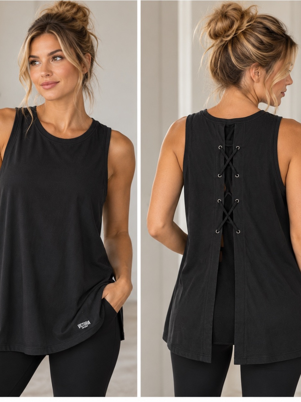 Victoria Sport Black Lace-Up Open Back Tunic Tank Top XL Athleisure